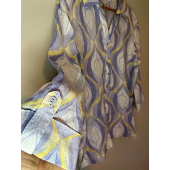 JM Collection Linen Shirt Purple Button Collar Long Roll Sleeve V-Neck Sz 14 - Picture 3 of 8